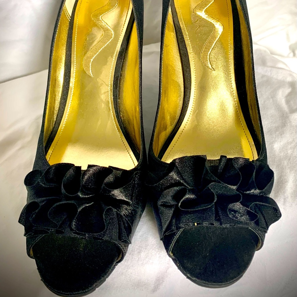 Black satin evening wedge shoe by Nina